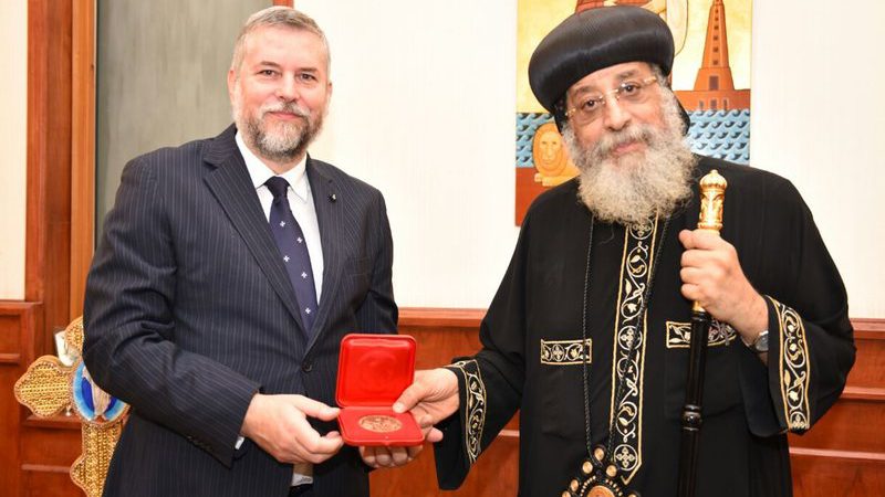 Ambassador of the Order of Malta to Egypt Mario Carotenuto received in audience by His Holiness Pope Tawadros II